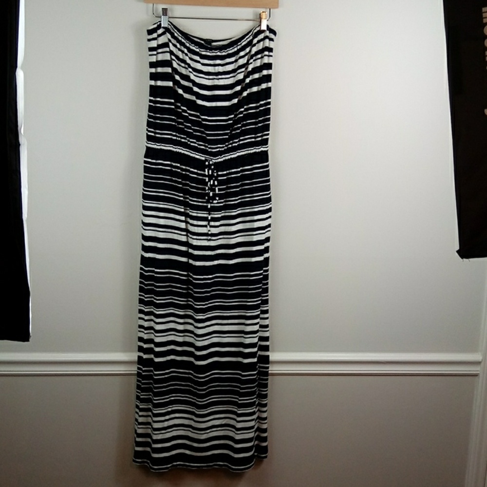 Navy and white striped strapless maxi dress J.crew